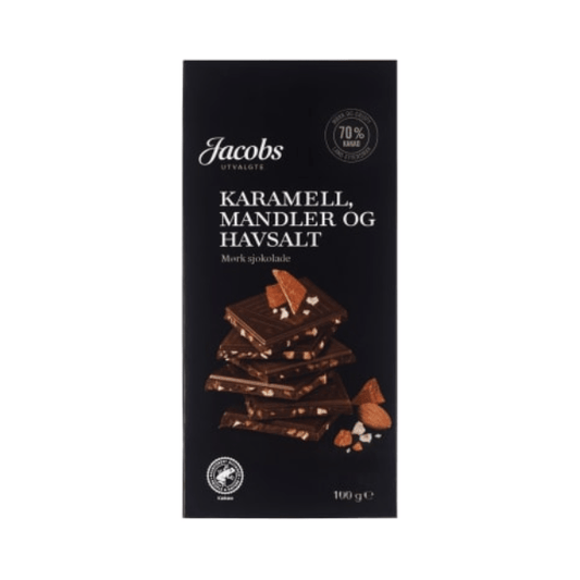 Jacobs Dark Chocolate 70% Caramel, Almond & Sea Salt 100g – Sjokolade Mørk 70% med Karamell, Mandel & Havsalt - Scandi Candy Swedish Candy Shop
