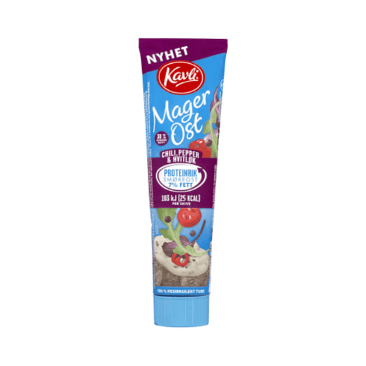 Kavli Low - Fat Cheese with Chili Pepper & Garlic 175g Tube – Magerost Chili & Hvitløk - Scandi Candy Swedish Candy Shop