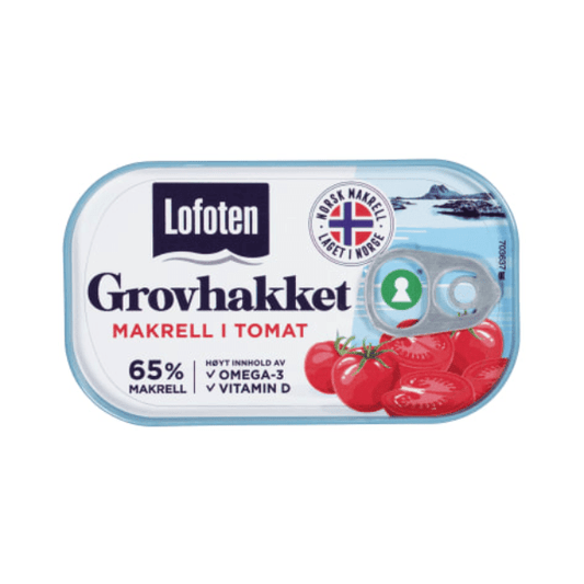 Mackerel in Tomato Coarsely Chopped 110g – Grovhakket Makrell i Tomat by Lofoten - Scandi Candy Swedish Candy Shop